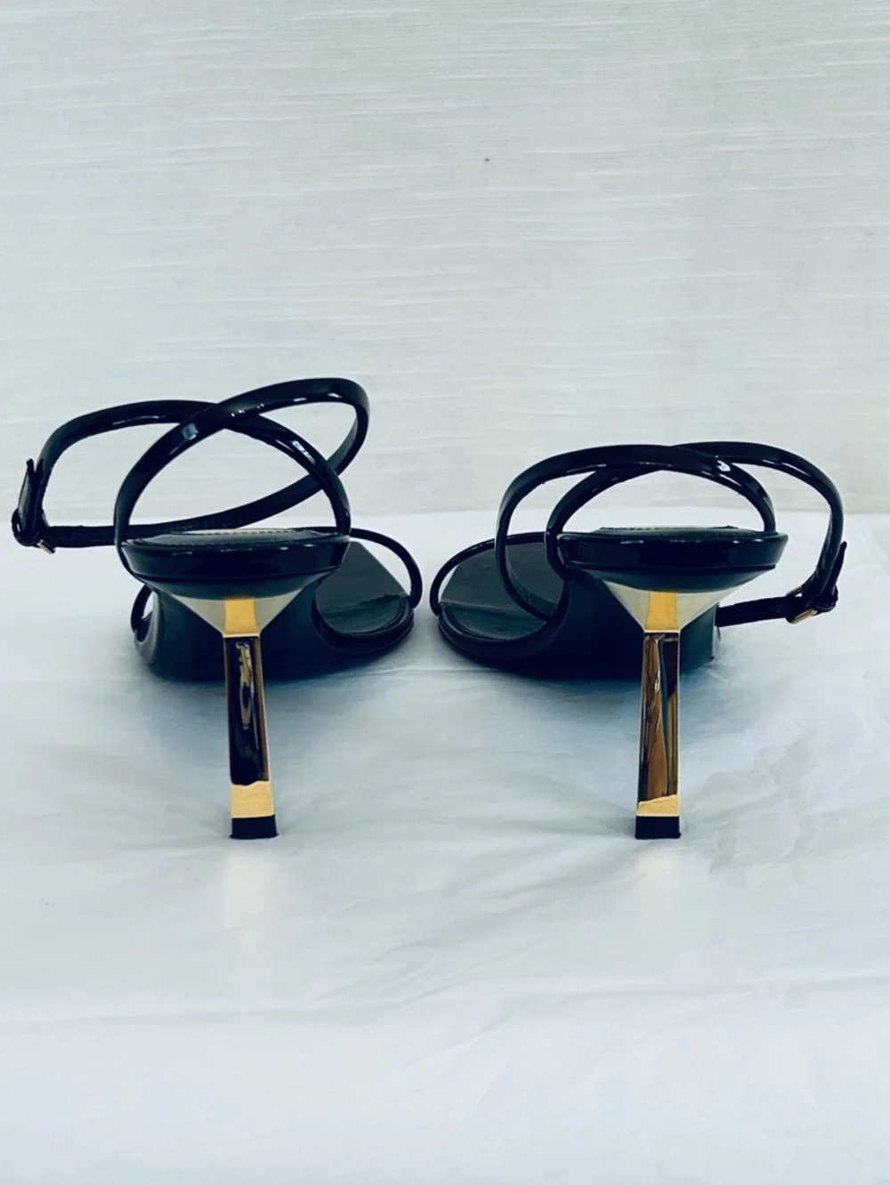 Saint Laurent Designer Patent Leather Strappy Sandals with Gold Heels - Picture 6 of 13